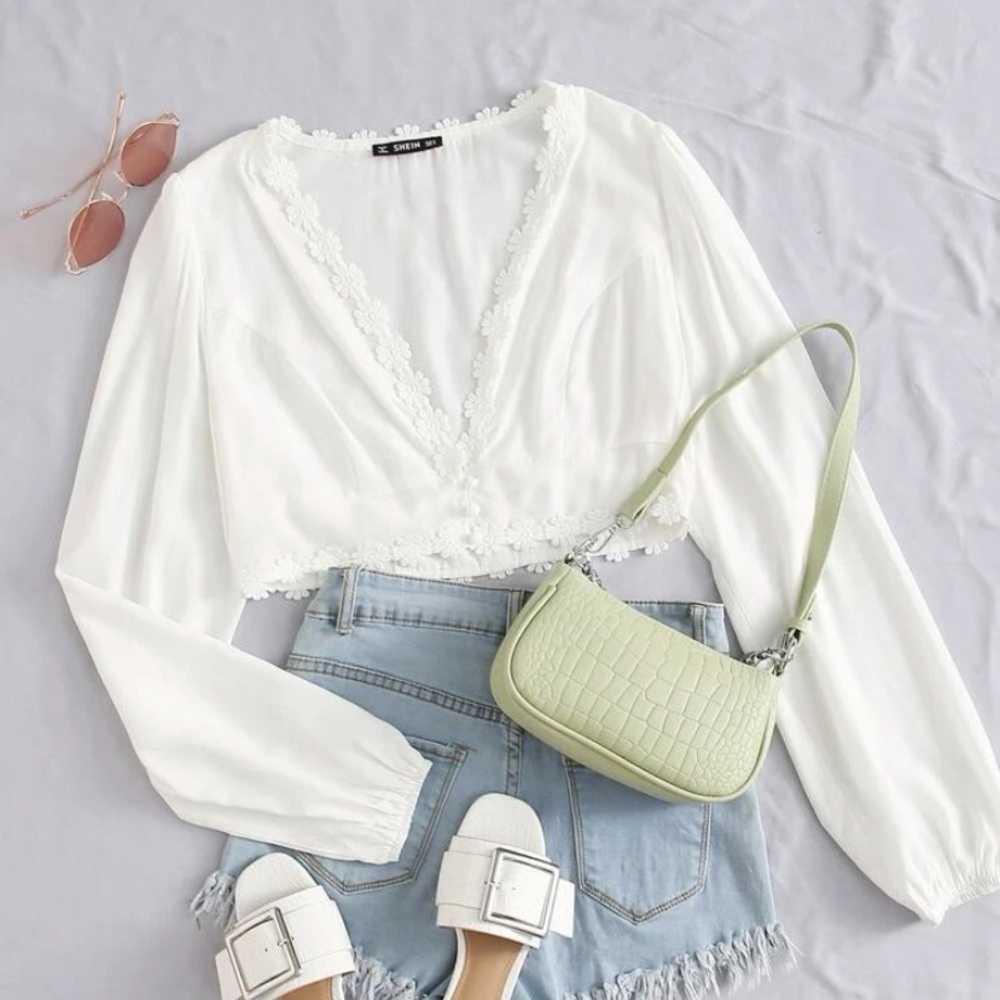 Festival Floral Lined White Cropped Long Sleeve Shirt